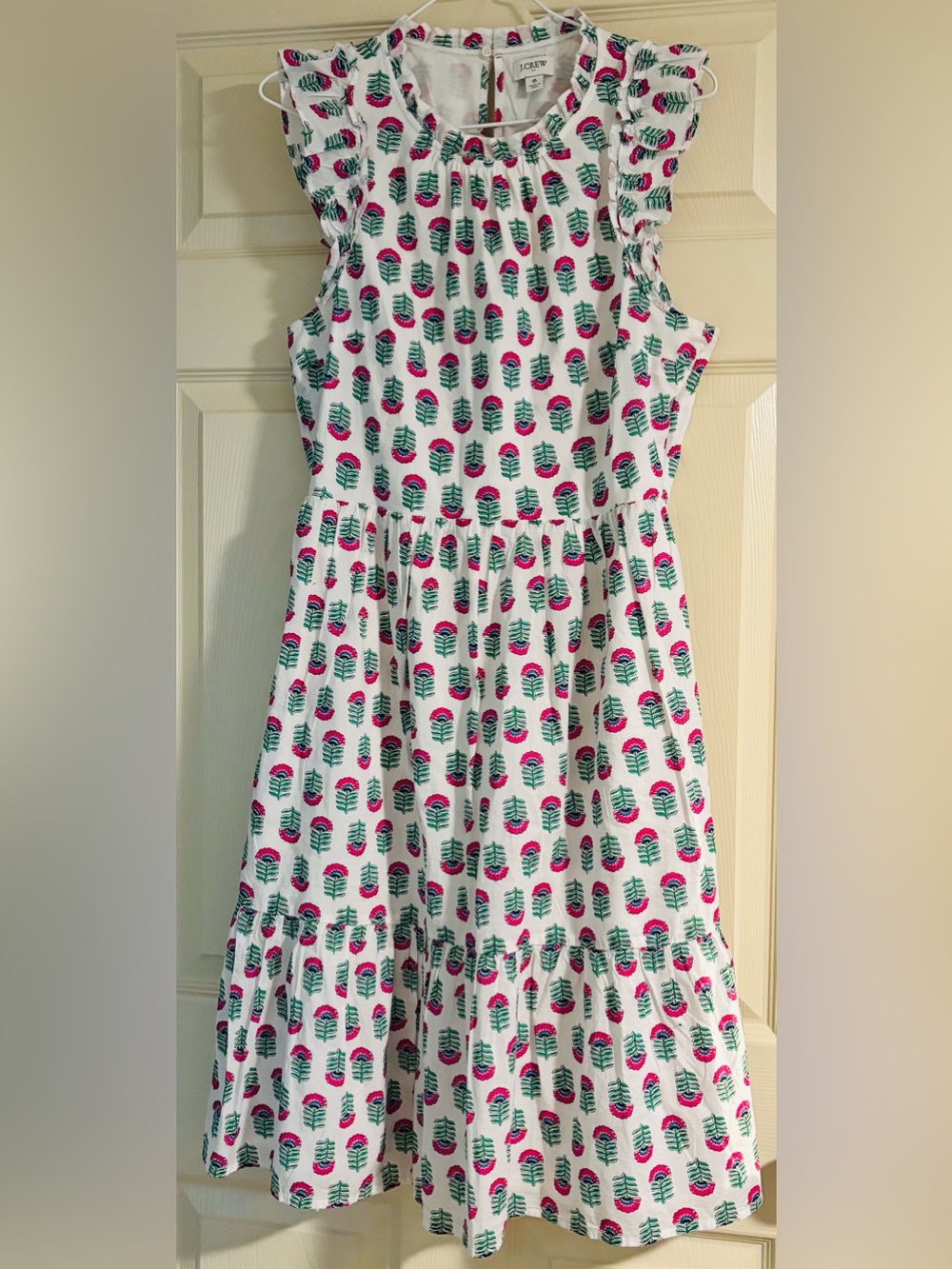 J. Crew White Sleeveless Summer Dress with Pink & Green Print